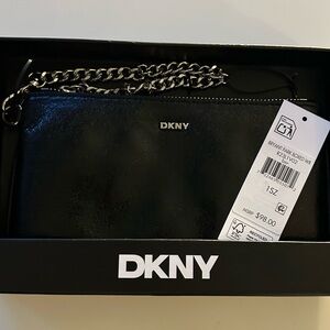 DKNY Black Leather Zip Wristlet W/ Silver Chain; Events/Travel/Work/Everyday